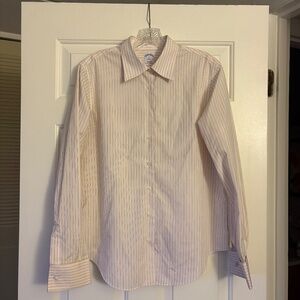 Brooks Brothers White Button Down Dress Shirt with Green and Pink Stripes